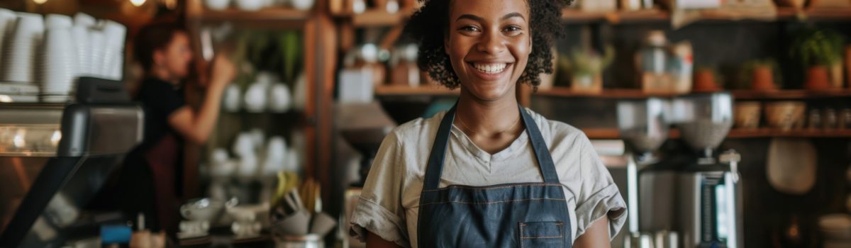 A cheerful barista holding a tablet in a cozy coffee shop.
